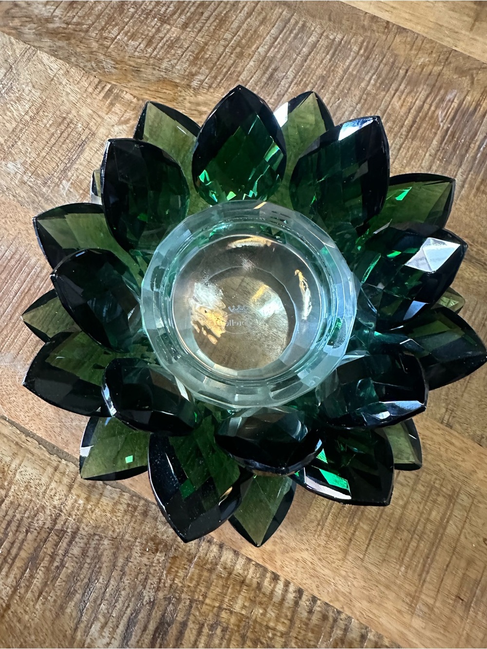 Vintage Sorelle Green Crystal Lotus Candle Holder 8” Handcrafted Original Box